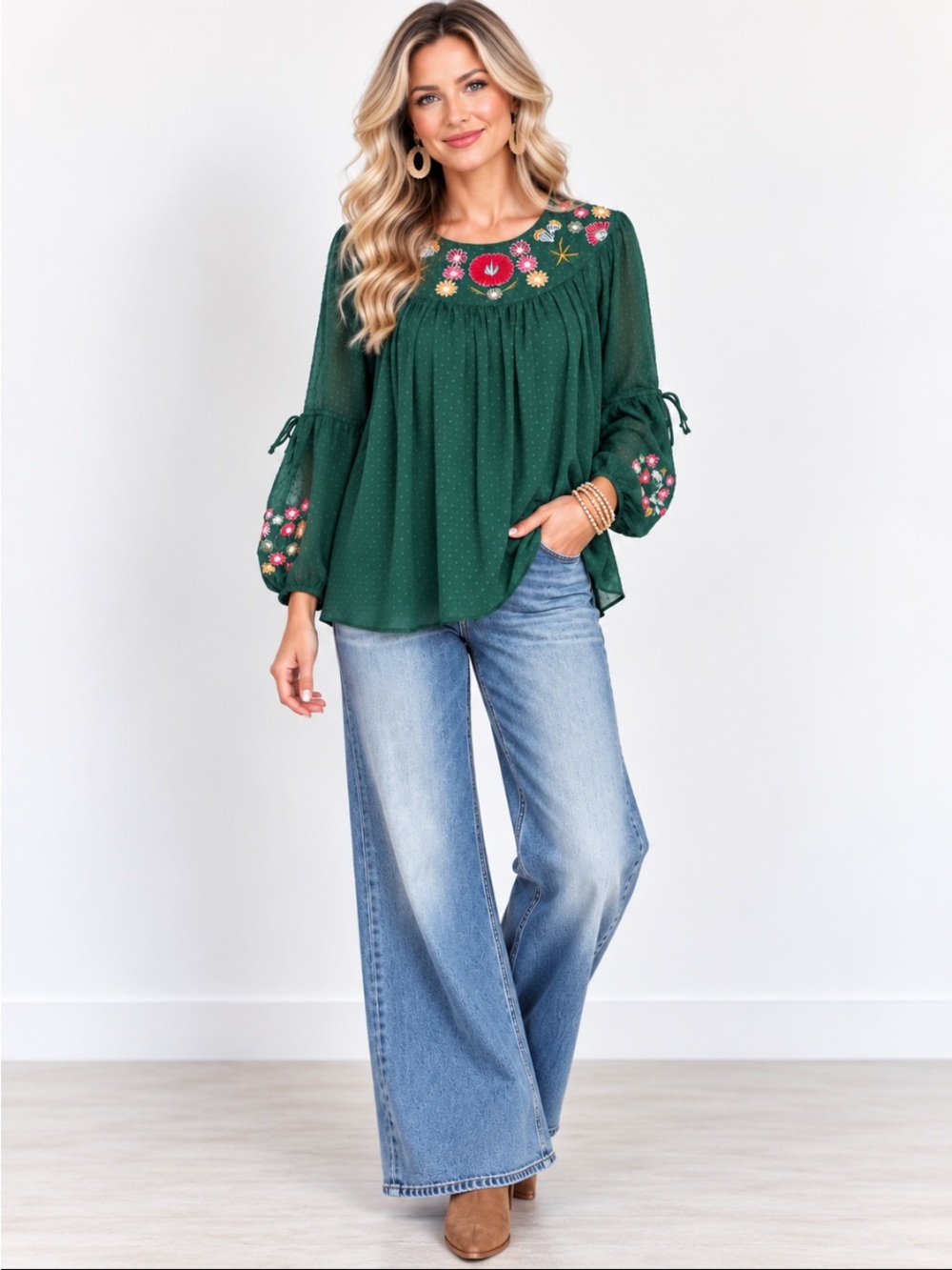 Green Floral Embroidered Swiss Dot Boho Peasant Blouse Long Sleeve Top Size L